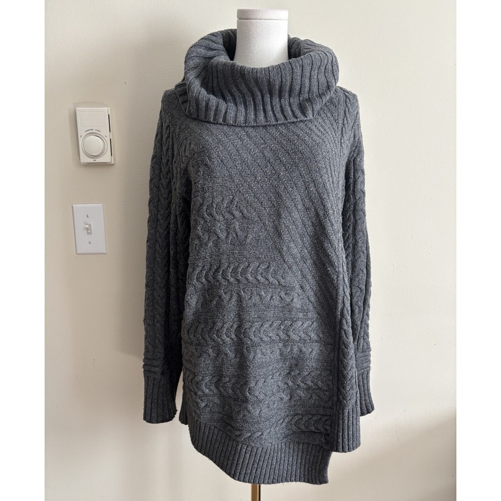 LL Bean Womens Small Oversized Chunky Cable Knit Sweater Gray Asymmetrical Thick
